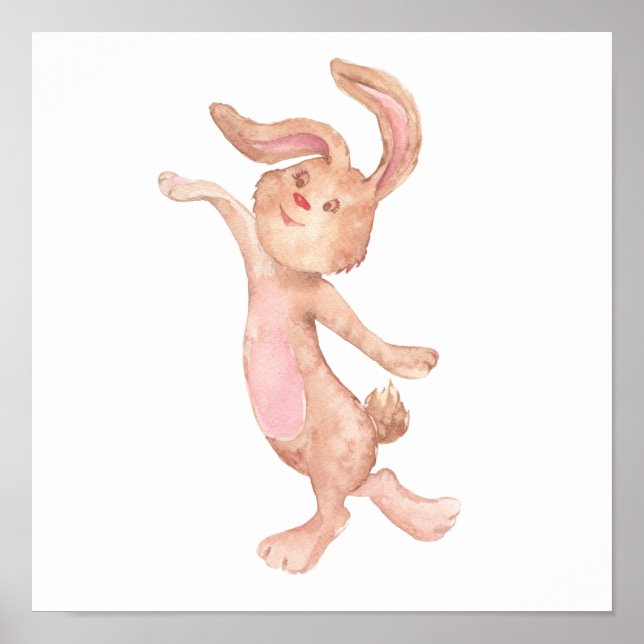 Aquarellfarbenes Whimsical Bunny Rabbit Niedlich Poster (Vorne)