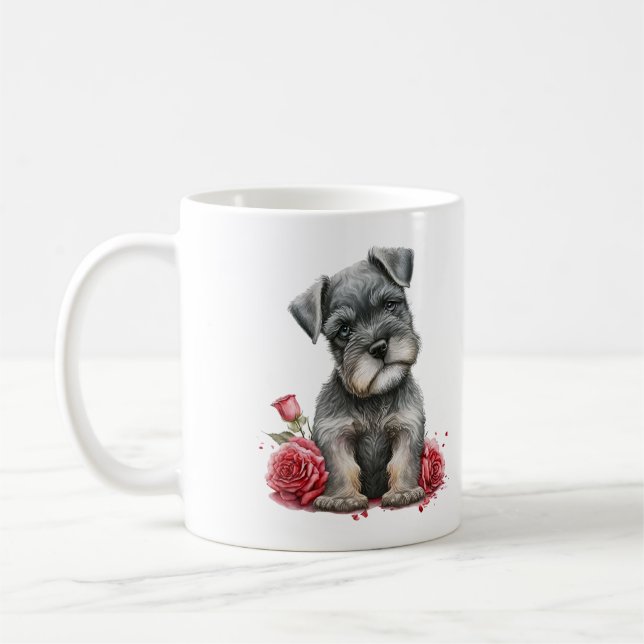 AquarellfarbenMiniaturschnauzer mit Rote Rosen Kaffeetasse (Links)