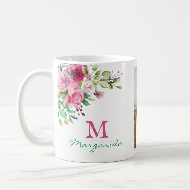 Aquarellfarbenmonogramm: Zwei Foto Collage Girl Kaffeetasse (Links)