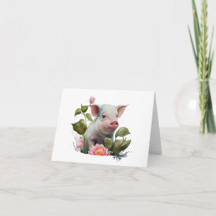 Aquarellfarbenpiglet mit Blume BLANK Karte