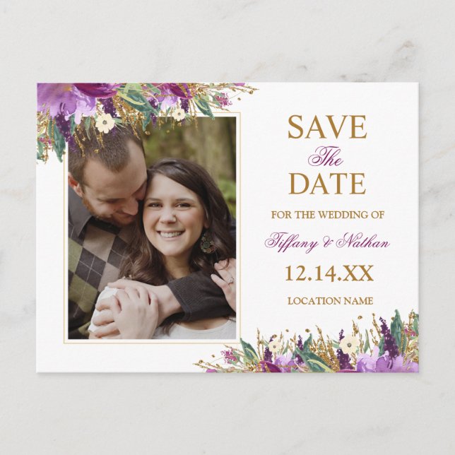 Aquarellfärbung Amethyst Save the Date Foto Ankündigungspostkarte (Vorderseite)