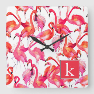 Aquarellfärbung Flamingo in Wasserfarben   Name hi Quadratische Wanduhr