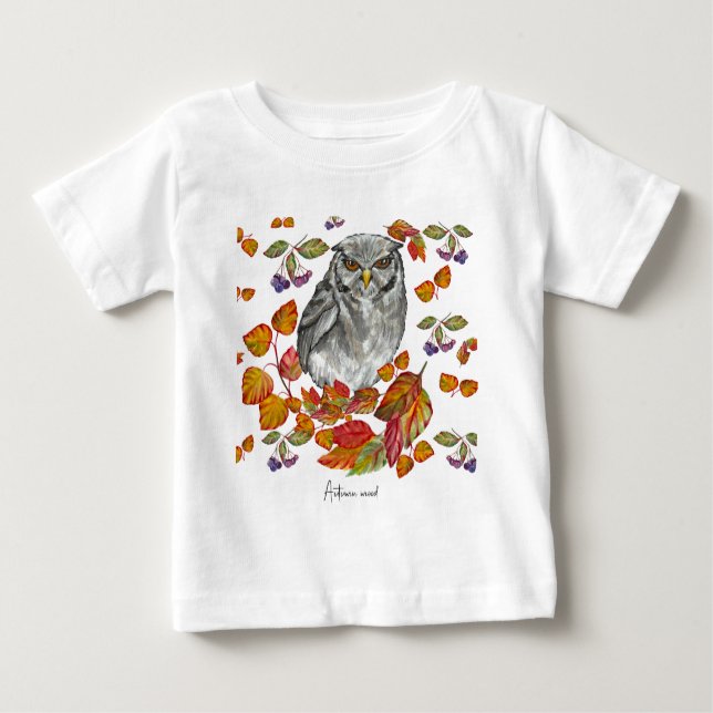 Aquarellfärbung schöne Eule und Blätter Untersetze Baby T-shirt (Vorderseite)