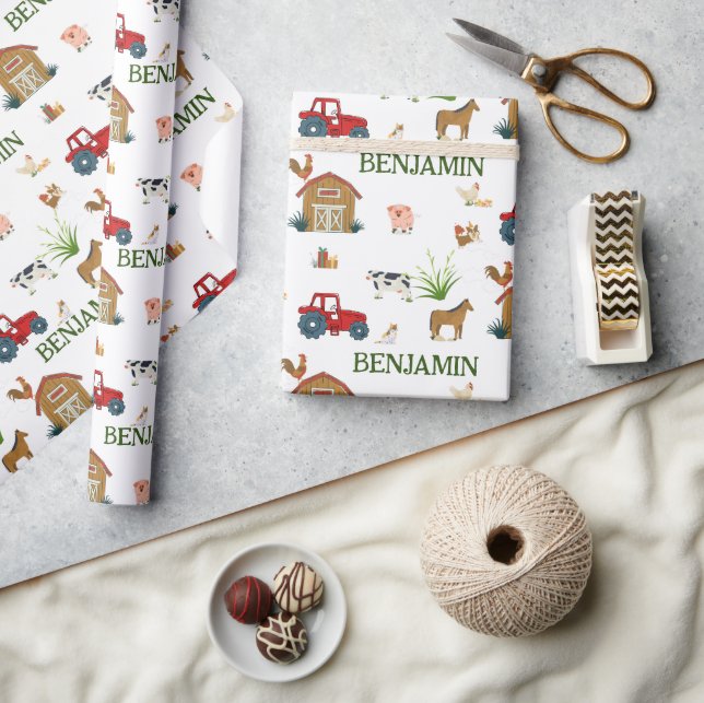 Aquarellfarm Geburtstags Tiere Individuelle Name Geschenkpapier (Kunsthandwerk)