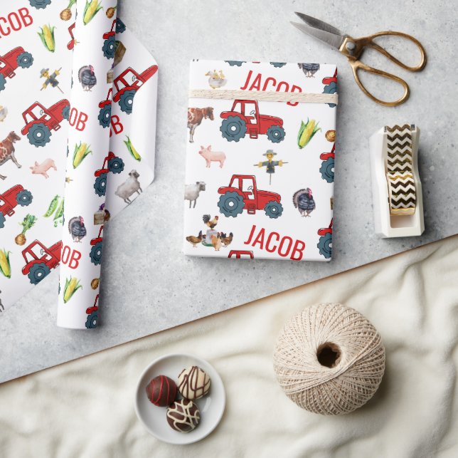 Aquarellfarm Geburtstags Tiere Individuelle Name Geschenkpapier (Kunsthandwerk)