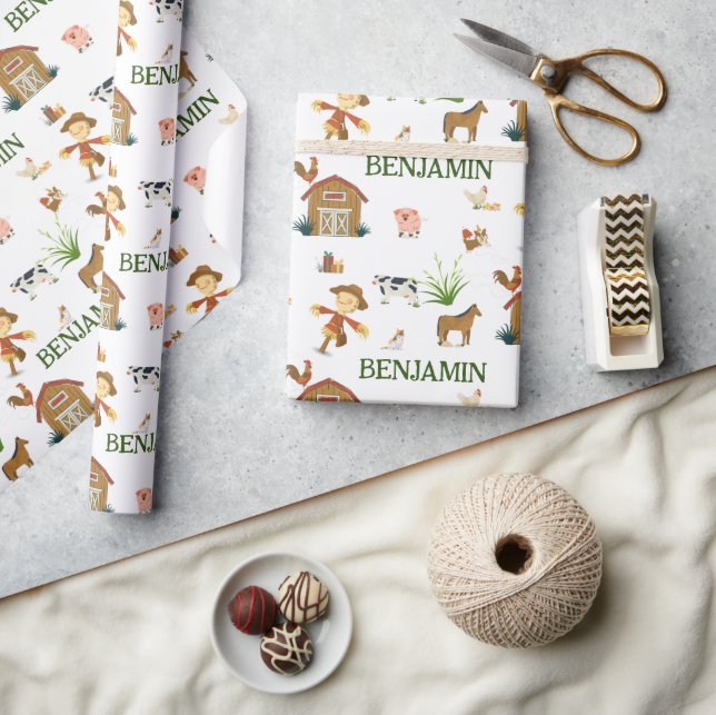 Aquarellfarm Geburtstags Tiere Individuelle Name Geschenkpapier (Kunsthandwerk)