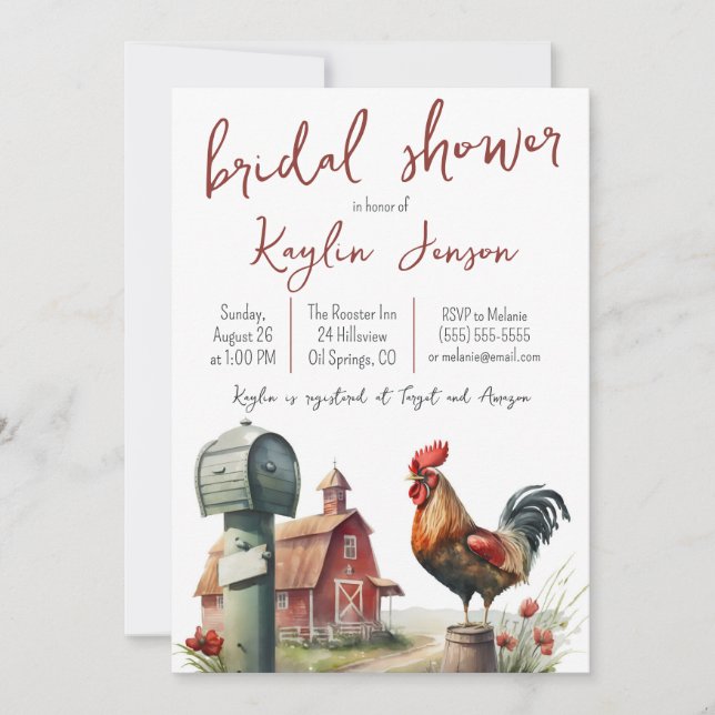 Aquarellfarm mit Rooster-Brautparty Einladung (Vorderseite)