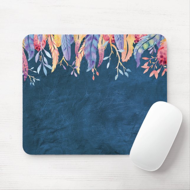 AquarellFedern auf blauem Leder Mousepad (Mit Mouse)