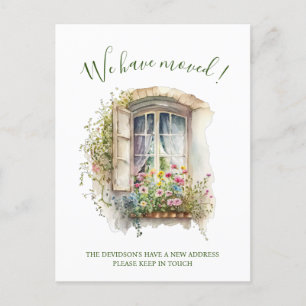 Aquarellfenster mit Blume Neue Zuhause bewegen und Postkarte