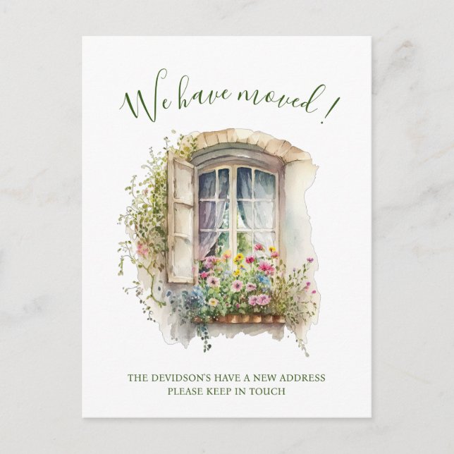 Aquarellfenster mit Blume Neue Zuhause bewegen und Postkarte (Vorderseite)