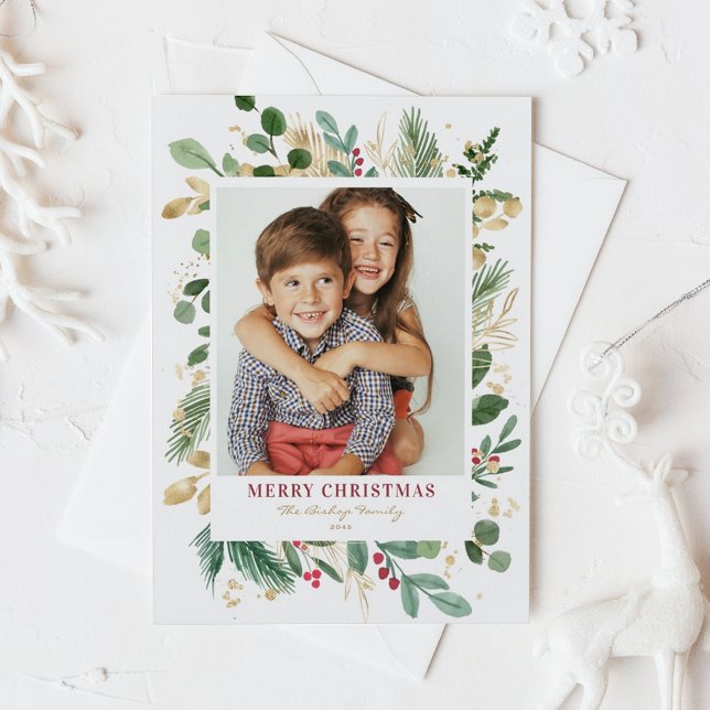 Aquarellfestival Goldene Foil Frohe Weihnachten Fo (Watercolor and Faux Gold Foil Winter Greenery Photo Merry Christmas Postcard)