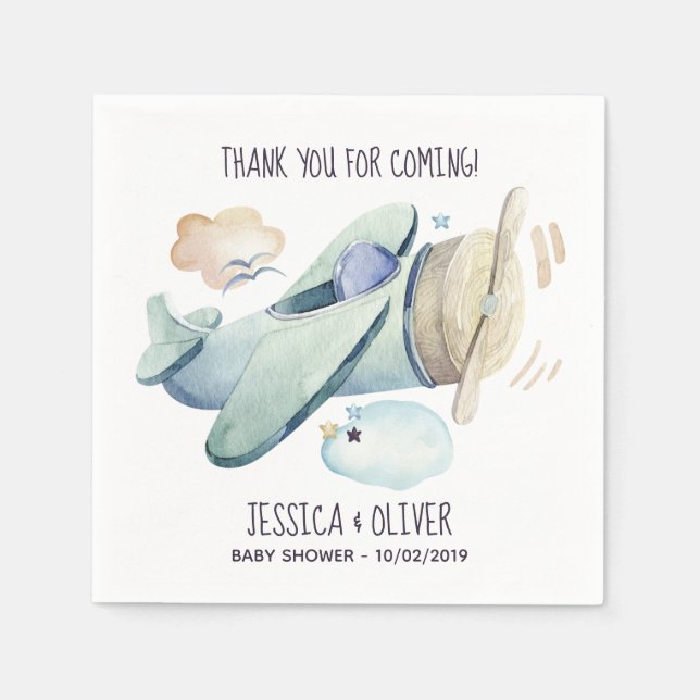 Aquarellflugzeug-Party in Blau Serviette (Vorderseite)