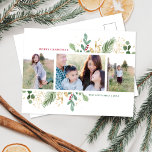 Aquarellfoliage Multi-Foto-Bilderrahmen Feiertagspostkarte<br><div class="desc">Dieses hübsche Foto Postcard bietet einen wunderschönen Rahmen von Aquarellbotanicals und den Gruß "MERRY CHRISTMAS". Der Gruß auf der Vorderseite ist vollständig anpassbar, sodass Sie ihn auf alles ändern können, was Sie möchten. Das Design ist einfach, aber elegant. Auf der Vorderseite der Karte ist Platz für drei Fotos (zwei vertikale...</div>