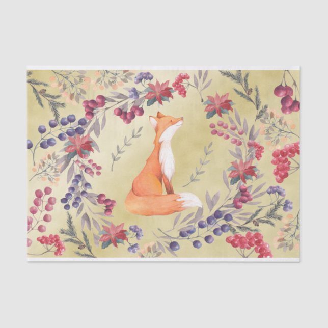 Aquarellfox-Winter-Beeren-Gold Seidenpapier (Vorderseite)