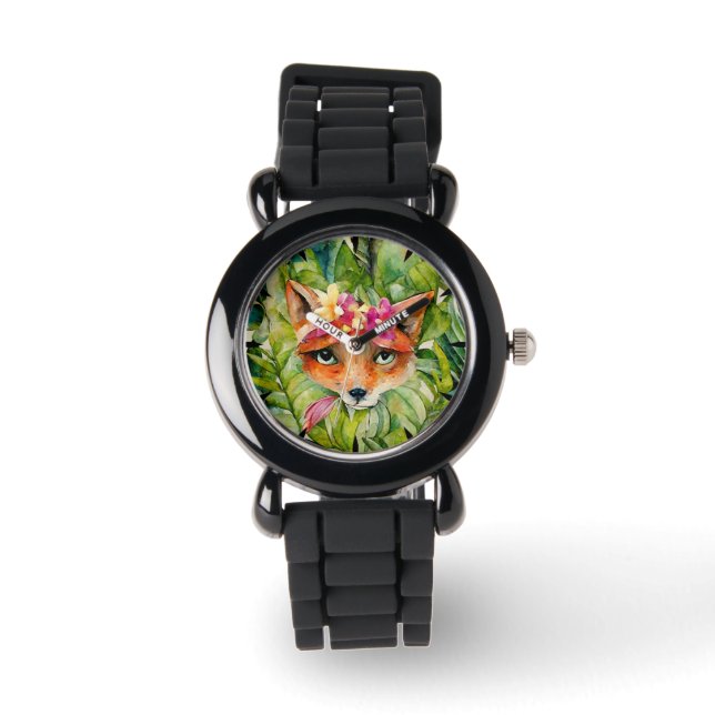 Aquarellfuchs-Blume und Grüne Blätter Armbanduhr (Vorderseite)