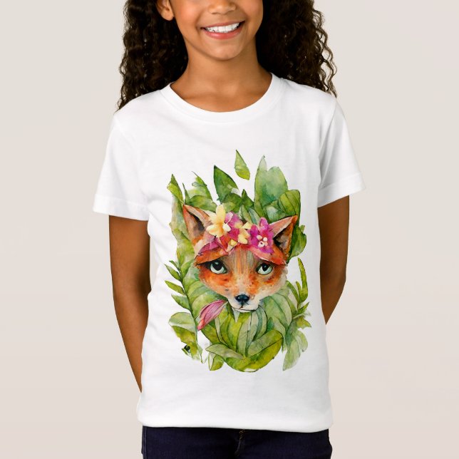 Aquarellfuchs-Blume und Grüne Blätter T-Shirt (Vorderseite)