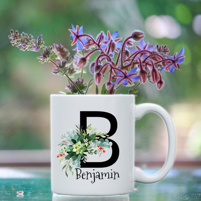 Aquarellgarten Blume Monogramm Schwarzer Kaffee Ta Kaffeetasse (Von Creator hochgeladen)