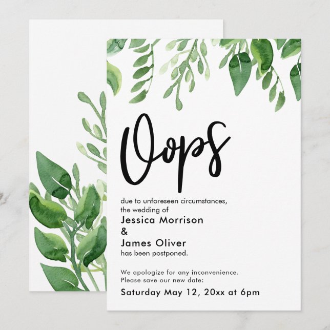 Aquarellgarten Hochzeitskarte "Oops" aufgeschoben Einladung (Vorne/Hinten)