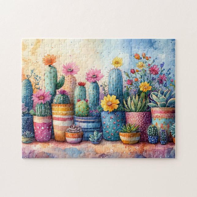 Aquarellgarten Kaktus und Blume Puzzle (Horizontal)