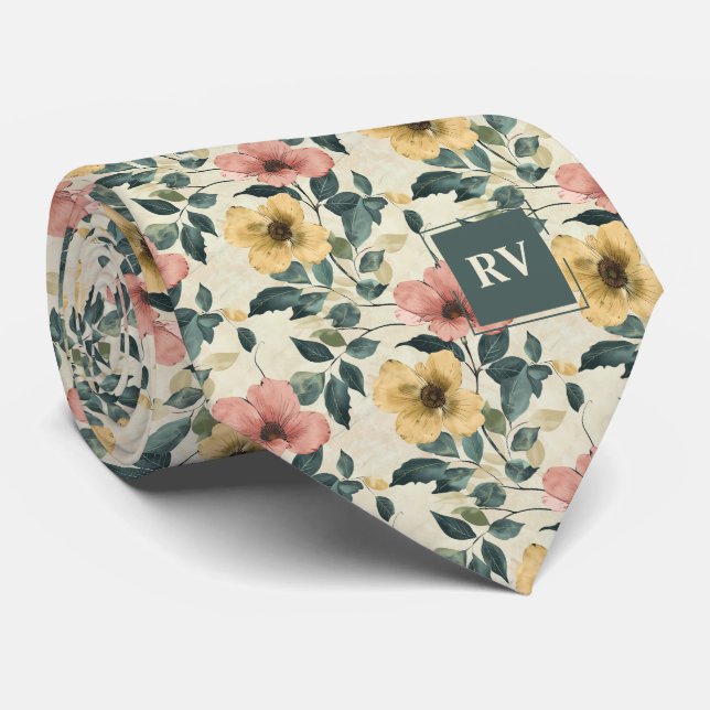 Aquarellgarten Mit Monogramm Necktie Krawatte (Gerollt)