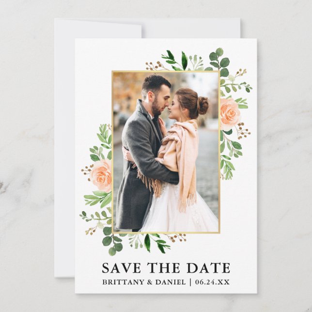 Aquarellgarten Peach Rose Save the Date Karte (Vorderseite)
