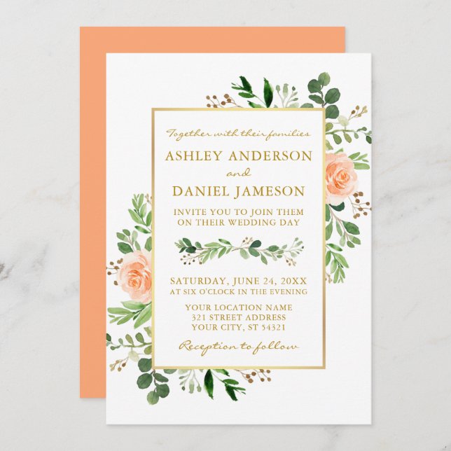 Aquarellgarten Peach Rose Wedding Gold Einladung (Vorne/Hinten)