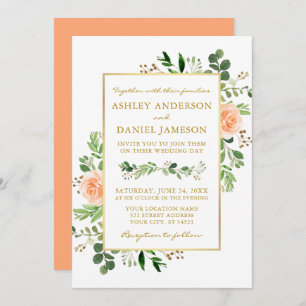 Aquarellgarten Peach Rose Wedding Gold Einladung