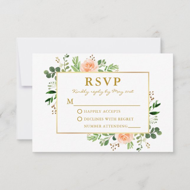 Aquarellgarten Peach Rose Wedding Gold RSVP Karte (Vorderseite)