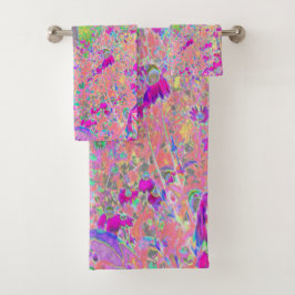 Aquarellgarten Sonnenaufgang mit violetten Blumen Badhandtuch Set