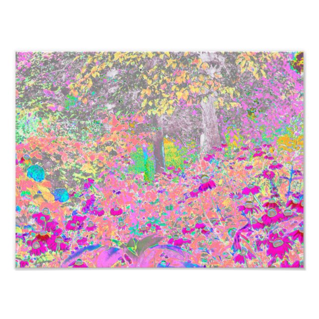 Aquarellgarten Sonnenaufgang mit violetten Blumen Fotodruck (Vorne)