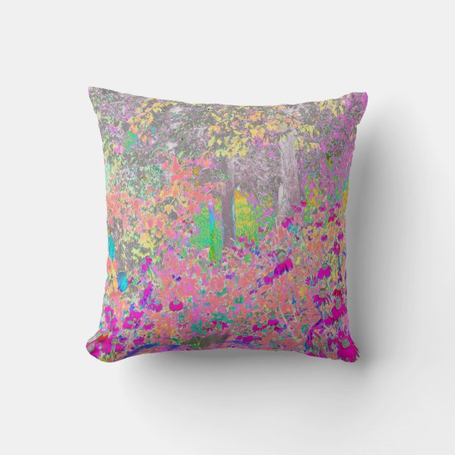 Aquarellgarten Sonnenaufgang mit violetten Blumen Kissen (Vorderseite)