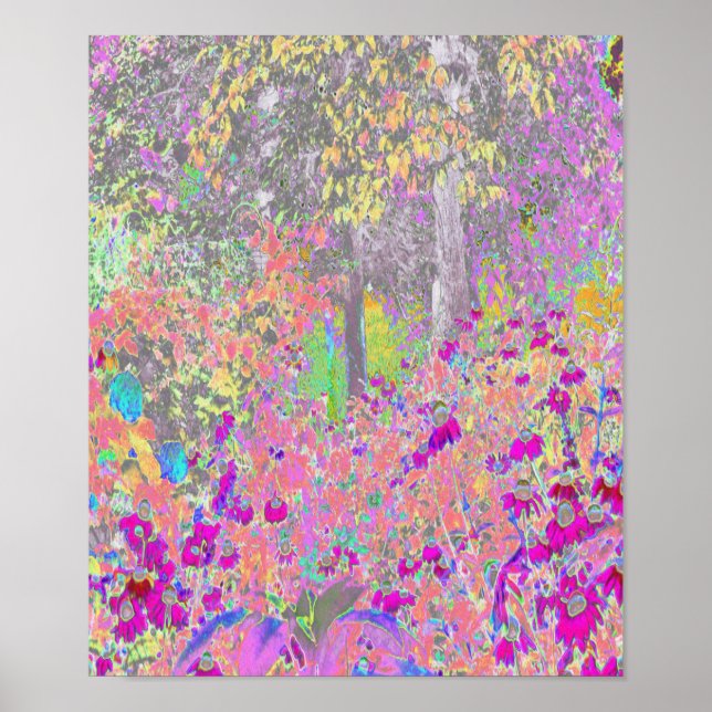 Aquarellgarten Sonnenaufgang mit violetten Blumen Poster (Vorne)