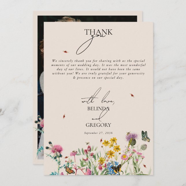 Aquarellgarten Wildblume Couple Foto Hochzeit Dankeskarte (Vorne/Hinten)