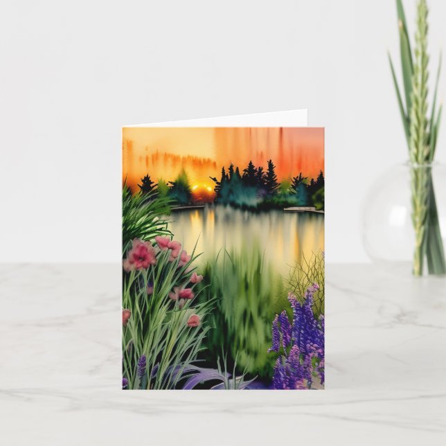 Aquarellgartenteich für Sonnenuntergang Karte (Vorderseite)