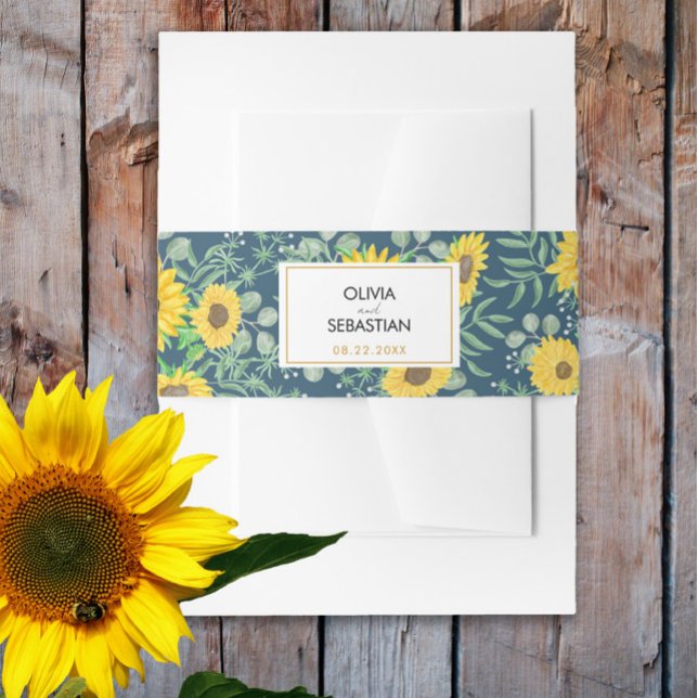Aquarellgelbe Sonnenblumen Navy Blue Wedding Einladungsbanderole (Von Creator hochgeladen)