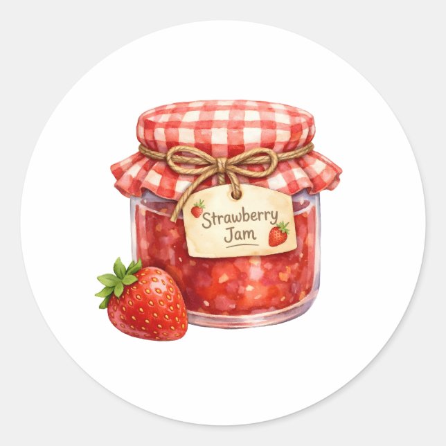 Aquarellglas mit frischer Erdbeerfruchtmarmelade Runder Aufkleber (Vorderseite)