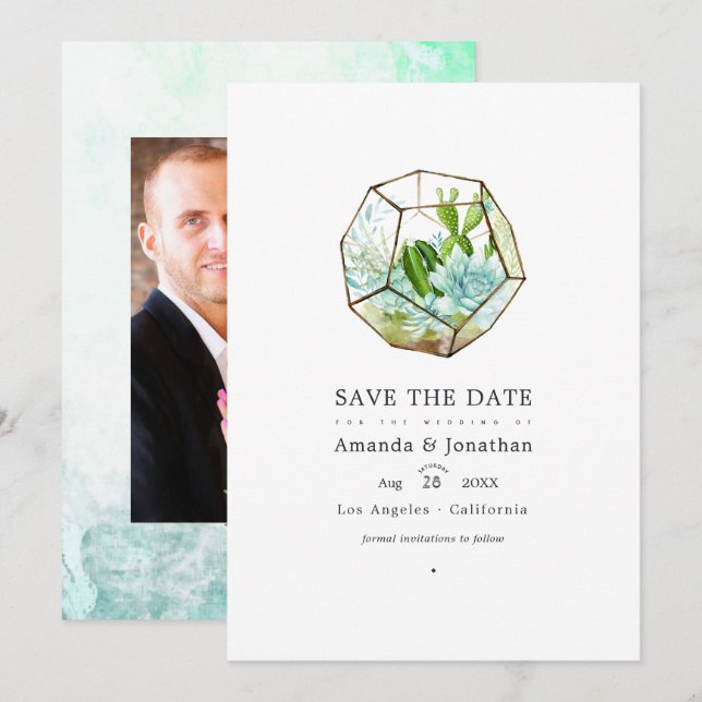 Aquarellglas Terrarium Succulents Wedding Save The Date (Vorne/Hinten)