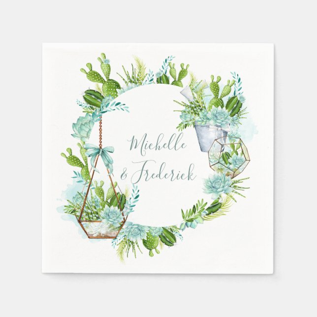 Aquarellglas Terrarium Succulents Wedding Serviette (Vorderseite)