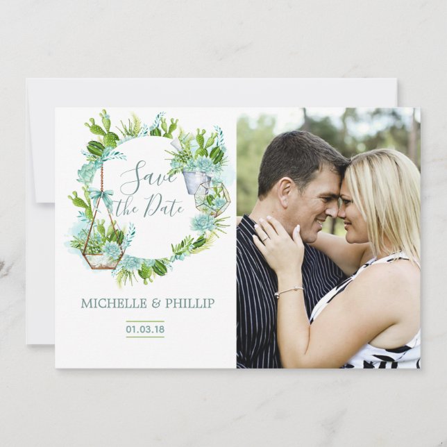 Aquarellglas Terrarium Sukkulent Save the Date (Vorderseite)