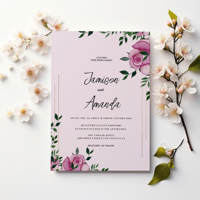 Aquarellgoldblütenhochzeit Rose Einladung (Watercolor lilac green gold rose floral Wedding )