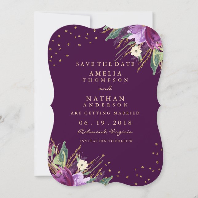 Aquarellgoldfarben - Lila Blume Save the Date (Vorderseite)