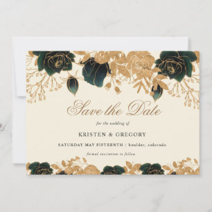 Aquarellgoldfarben und grüne Rose Save the Date Einladung