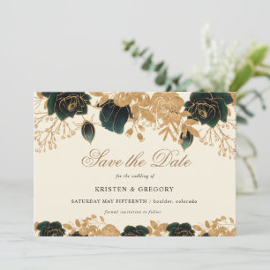 Aquarellgoldfarben und grüne Rose Save the Date Einladung