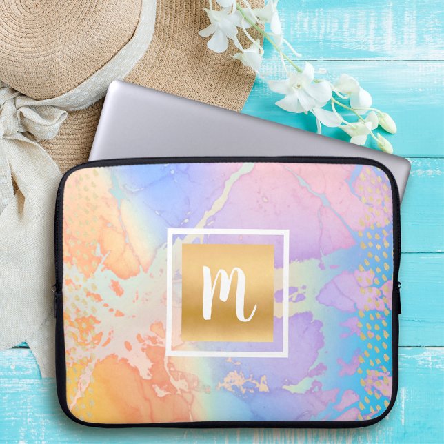Aquarellgoldtürkis lila orange Monogramm Laptopschutzhülle (Von Creator hochgeladen)
