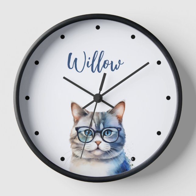 Aquarellgraue Tabby Personalisierte Katze Uhr (Vorderseite)