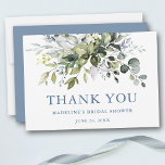 Aquarellgrün Dusty Blue Brautparty Dankeskarte<br><div class="desc">Modernes Elegantes Botanisches Brautparty Grün Die Karte "Danke" beinhaltet Eukalyptus-Blätter,  grünes botanisches Blattwerk,  staubblaue Blätter und andere wunderschöne botanische Pflanzen. Dusty Blue Back.</div>