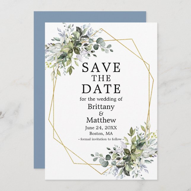 Aquarellgrün Dusty Blue Gold Geo Frame Save The Date (Vorne/Hinten)