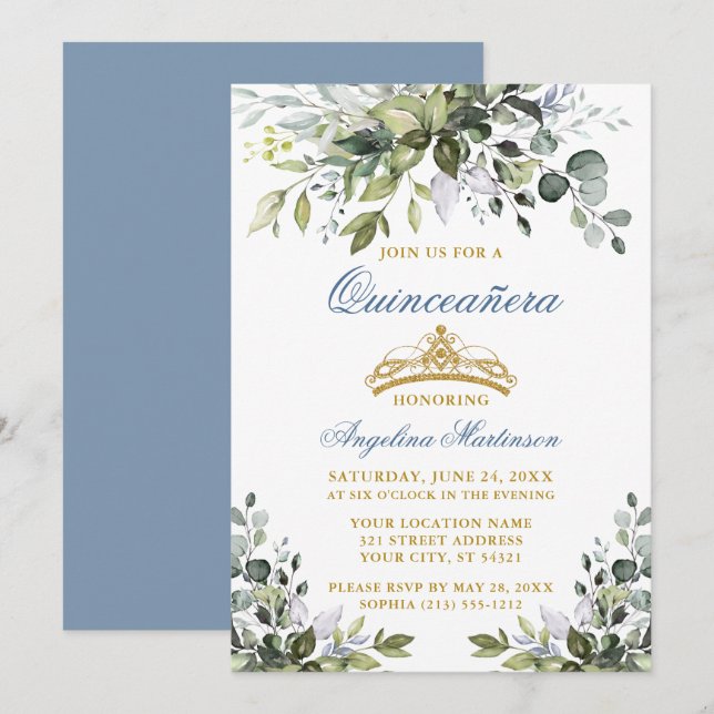 Aquarellgrün Dusty Blue Gold Quinceñera Einladung (Vorne/Hinten)