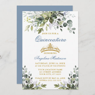 Aquarellgrün Dusty Blue Gold Quinceñera Einladung