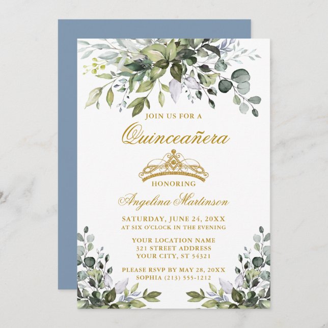 Aquarellgrün Dusty Blue Quinceañera Gold Einladung (Vorne/Hinten)